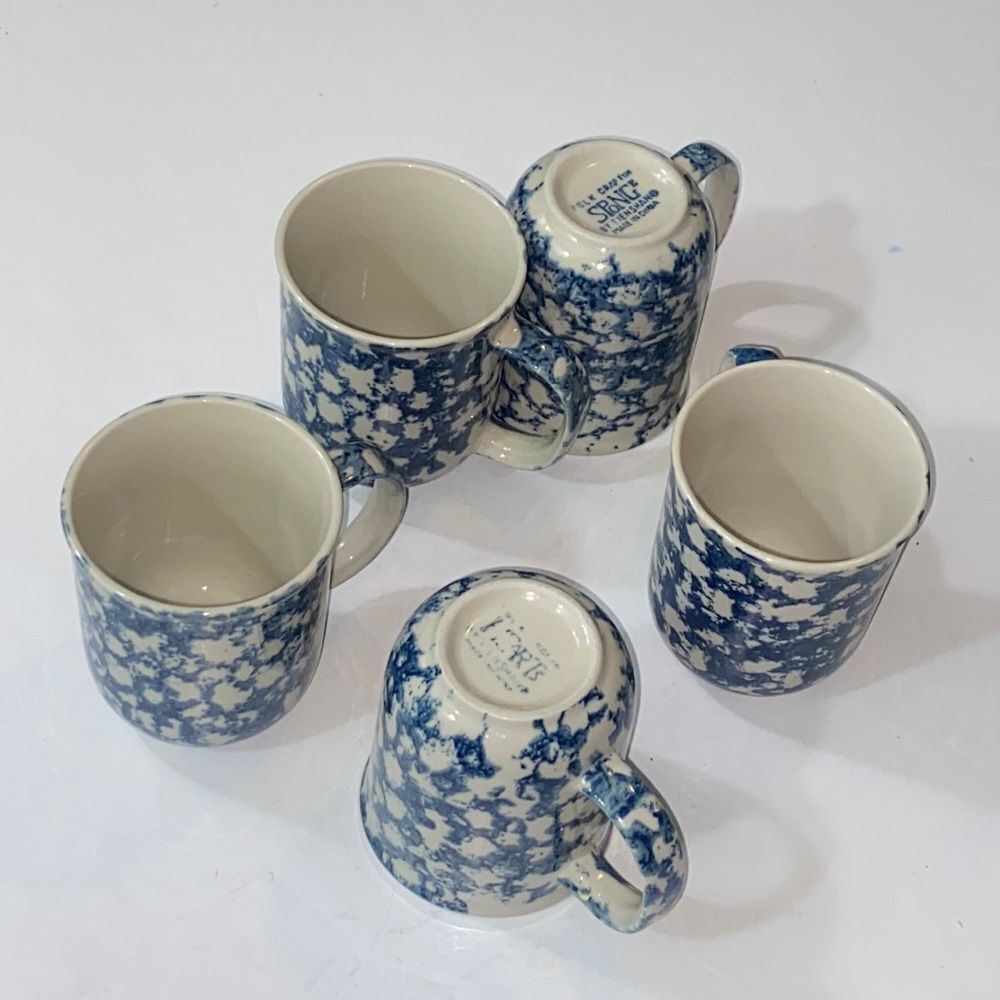 VTG, Lot 5 Pc Folk Craft Tienshan Sponge Stoneware Coffee Mugs